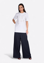 Front view of model wearing EMIRATES LIMITED White T-shirt, East Vibe